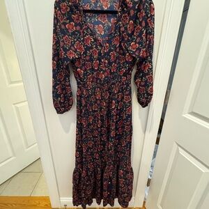 Anthropologie Boemo Navy and Red Floral Long Sleeve Dress size MP